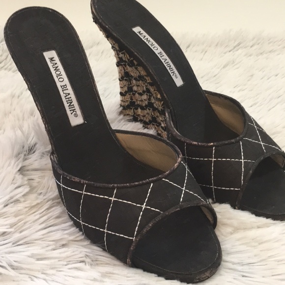 Manolo Blahnik Shoes - Manolo Blahnik Black Gold Quilted Wedge Tweed